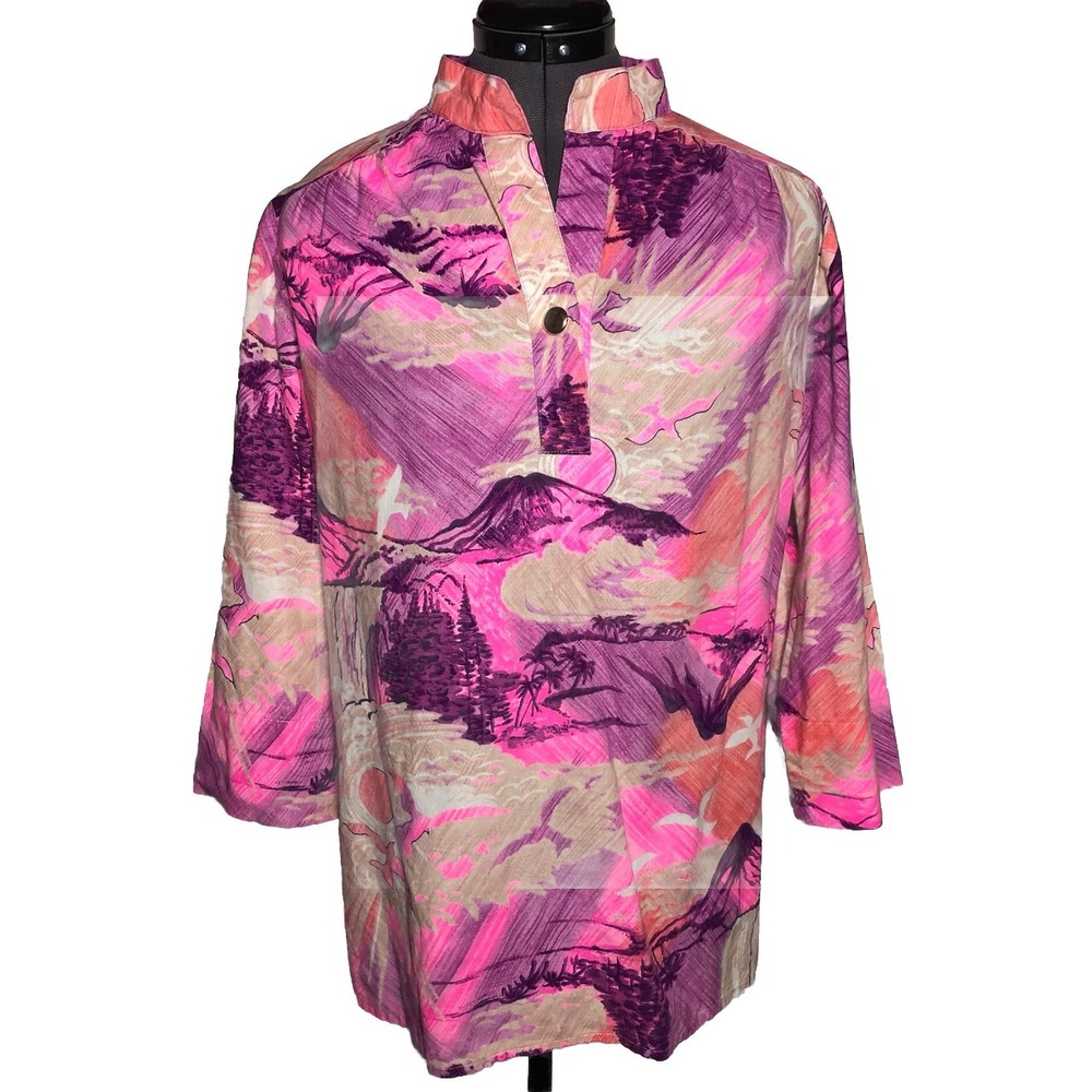 Vtg 70s Hawaiian Shirt Tropical Scenic Tunic ‎ B-42" L-27.5"